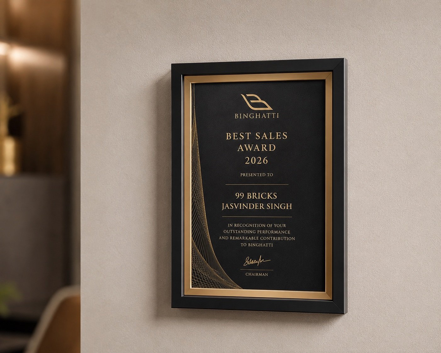 Binghatti Best Sales Award plaque presented to 99Bricks
